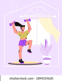 Athletic sportive young woman exercising at home, cartoon vector illustration. Home sport and healthy lifestyle, fitness training indoors concept of banner or poster.