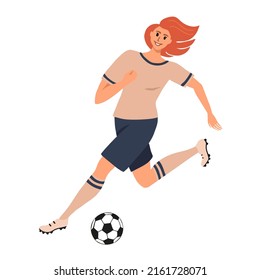 Deportes atléticos hermosa deportista futbolista de niñas detrás de la pelota. Mujer jugando fútbol. Caracter femenino de arte colorido aislado en un fondo blanco. Ilustración vectorial.