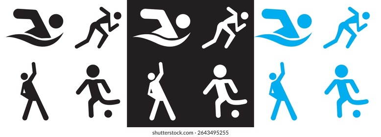 Athletic Sports  Icons . Exercises, football, swimming etc icon. Vector illustration. isolated on white and black background. EPS 10