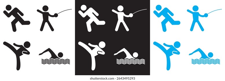 Athletic Sports  Icons . Exercises, football, swimming etc icon. Vector illustration. isolated on white and black background. EPS 10