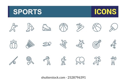 Athletic sports icons set. Vector illustration in modern thin line style of sports related icons. Containing football, basketball, competition, volleyball and more.