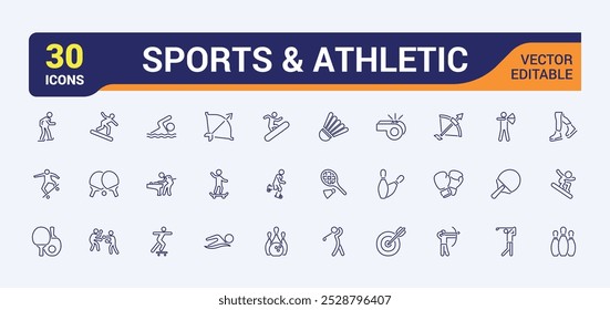 Athletic sports icons set. Vector illustration in modern thin line style of sports related icons. Containing football, basketball, competition, volleyball and more.