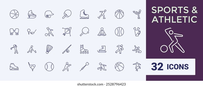 Athletic sports icons set. Vector illustration in modern thin line style of sports related icons. Containing football, basketball, competition, volleyball and more.