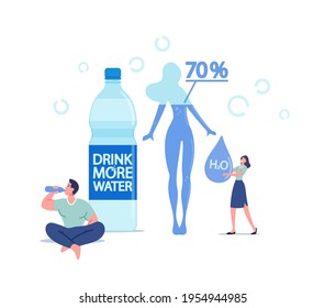 Athletic Sportsman Character Drinking Pure Water from Bottle Refreshing after Fitness Sports Activity. Tiny Woman with Huge H2O Drop, Healthy Lifestyle Concept. Cartoon People Vector Illustration