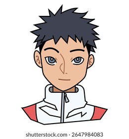 Athletic sporty boy with spiky black hair and gym clothes outlined illustration on white background.