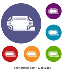Athletic stadium icons set in flat circle reb, blue and green color for web