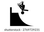 Athletic stick figure skateboarder doing upside down stunt jump, extreme sports skateboarding trick on skatepark ramp, freestyle boarding activity, upside down motion icon.