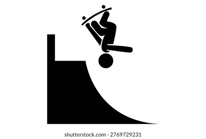 Athletic stick figure skateboarder doing upside down stunt jump, extreme sports skateboarding trick on skatepark ramp, freestyle boarding activity, upside down motion icon.