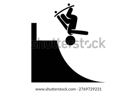 Athletic stick figure skateboarder doing upside down stunt jump, extreme sports skateboarding trick on skatepark ramp, freestyle boarding activity, upside down motion icon.
