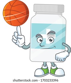 An athletic supplement bottle cartoon design style playing basketball