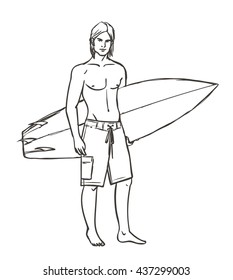 Athletic surfer holding a surf boar. EPS 8 format isolated vector illustration.