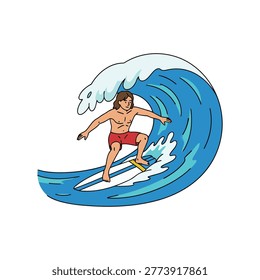 Athletic Surfer On Crest Wave, Flowing Motion Clean White Background

