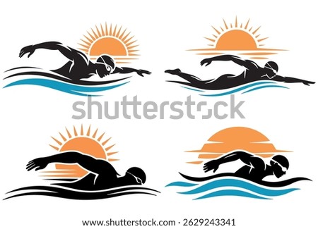 Athletic Swim Icons with Sun and Waves