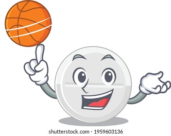 An athletic tablet drug cartoon mascot design with basketball. Vector illustration