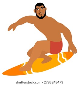 athletic tanned man riding wave on orange surfboard ocean