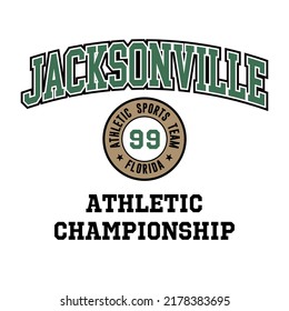 Athletic team state of Jacksonville, Florida. Typography graphics for sportswear and apparel. Vector print design.