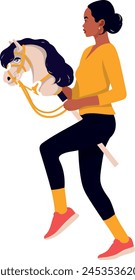 Athletic teenager sporting a hobbyhorse in a yellow tracksuit