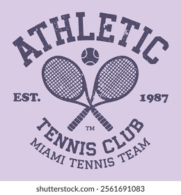 Athletic tennis club t-shirt design. College style tee shirt with tennis ball. Sport apparel print. Vector illustration. Vintage Tennis Racket Slogan T shirt Print Design.