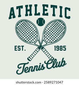 Athletic tennis club t-shirt design. College style tee shirt with tennis ball. Sport apparel print. Vector illustration.  New York tennis league graphic print design. Racket tournament. Tennis college