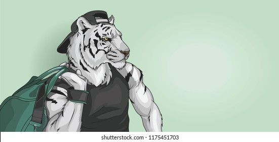 Athletic Tiger athlete with a cap on his head and a bag on his shoulder