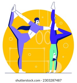 Athletic training. Two gymnasts do gymnastics by stretching muscles. Concept of healthy lifestyle individuals. Cartoon flat style illustration in circle on white background
