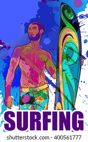 Athletic trendy surfer with surfboard. Grunge background with paint spots and splashes. Color inversion. EPS10 vector illustration.