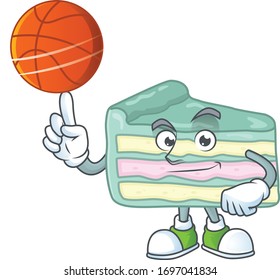 An athletic vanilla slice cake cartoon design style playing basketball