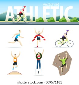 Athletic vector set with different sportsmen: cyclist, rock climber, runner, marathoner, long jumper, winner