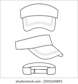 Athletic Visor Hat technical fashion illustration. Visor Cap vector template illustration. front and back view. Sport Wear. Sunscreen Hat. unisex. white color. CAD mockup.