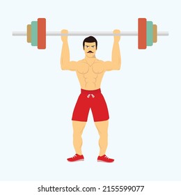 Athletic weightlifter man lifting a barbell with angry face vector. Muscle man with mustache weightlifting and showing body, flat character design. Muscular man wearing red boxer pant vector.