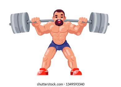 Athletic weightlifting workout with barbell muscles sport strongman beautiful body fitness design flat isolated on white vector illustration