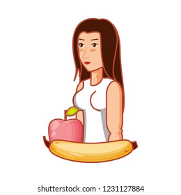 athletic woman with apple and banana fruits