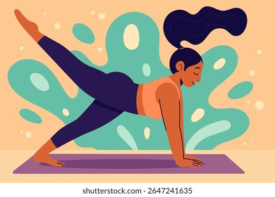 Mulher atlética equilibrando em uma perna na prática de ioga no tapete de fitness