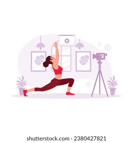 Athletic woman blogger in sportswear recording video while exercising at home. Fitness vloggers live broadcast of training sessions. Blogger concept. trend modern vector flat illustration
