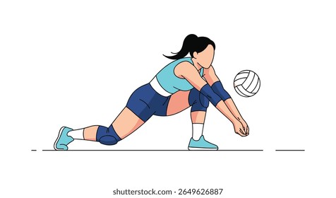 Athletic woman in blue uniform playing volleyball on court and defending the ball with her forearms during a game