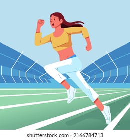 Athletische weibliche Figur läuft auf Stadion Illustration, Sport Training, fit Mädchen. Frau, die auf der Strecke läuft