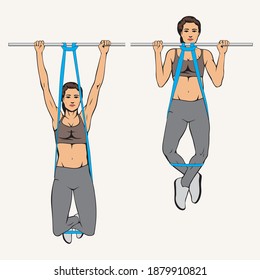 Athletic woman doing pull ups using workout band, resistance band assisted pull ups, vector image