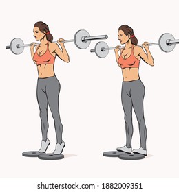 Athletic woman doing standing barbell calf raise exercises, vector image