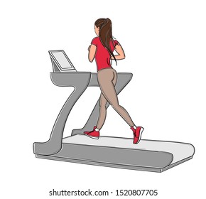 Athletic woman engaged in the simulator treadmill. Fitness Young girl  Full length. Hand drawn cartoon vector illustration.