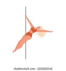Athletic woman exercising on pole, flat vector illustration isolated on white background. Acrobatic performance on pylon. Concepts of pole dance class, gymnastics and sport.