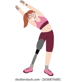 Athletic woman exercising with a prosthetic leg. Vector illustration promotes body positivity, adaptive fitness, and an active lifestyle for people with disabilities.