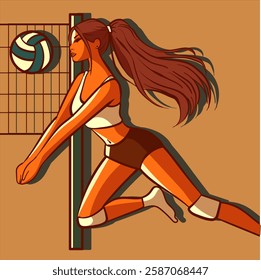 Athletic woman at golden hour playing volley. Volleyball player on a sport tournament hitting the ball.