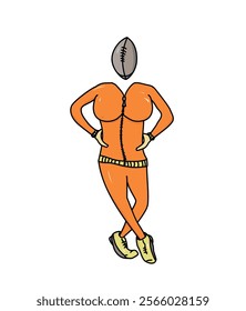  athletic woman with a head in the shape of a rugby ball