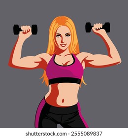Athletic woman holding dumbbells. Workout, exercise, health, and strength concept. Vector illustration