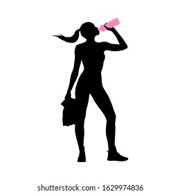 Athletic Woman Holding A Water Bottle And Drinking After Sport. Vector Silhouette Illustration On White Background