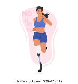 Athletic Woman With Leg Prosthesis Running Energetically On A Track With Determination And Skill, Defying Limits And Inspiring Others. Handicapped Female Sports Character. Cartoon Vector Illustration svg