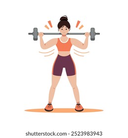 Mulher atlética levantando barbell. Intensa sessão de treino em um estúdio. A esportista está fazendo exercícios de treinamento de força. Ilustração plana vetorial isolada em branco.