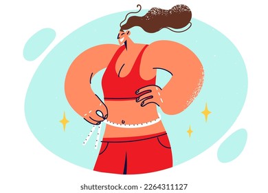 Athletic woman meter waist with measuring tape after visiting fitness club or following strict diet. Slender girl leads healthy lifestyle, monitors size of waist and figure using measuring tape