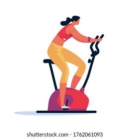 Athletic woman on training apparatus engaged in physical exercise. Person exercising at modern gym enjoying sport activity.  Vector flat illustration.