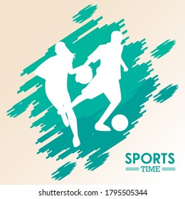 athletic woman practicing basketball and man soccer sport silhouettes vector illustration design